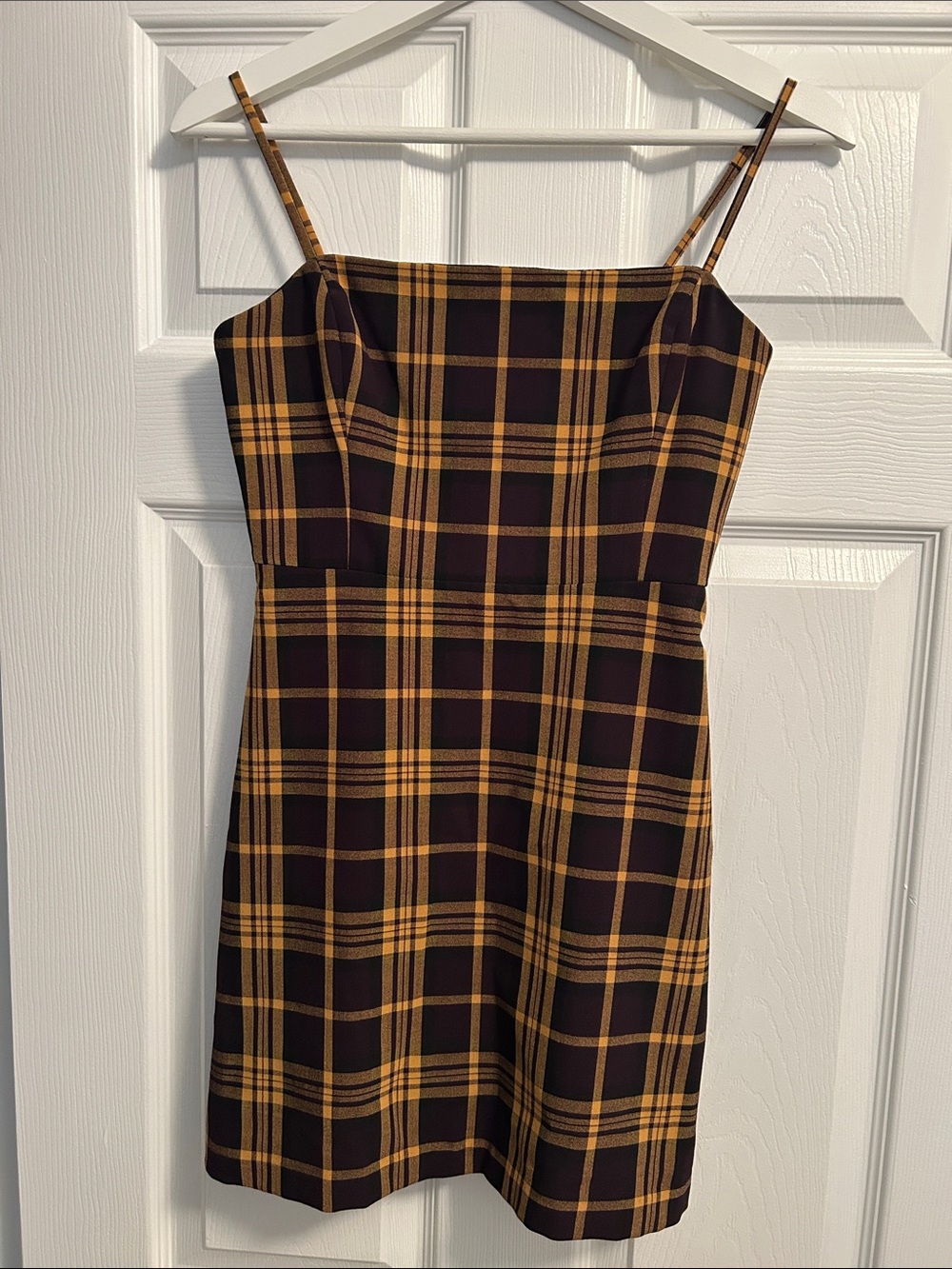 Gold Plaid Spaghetti Strap Mini Dress